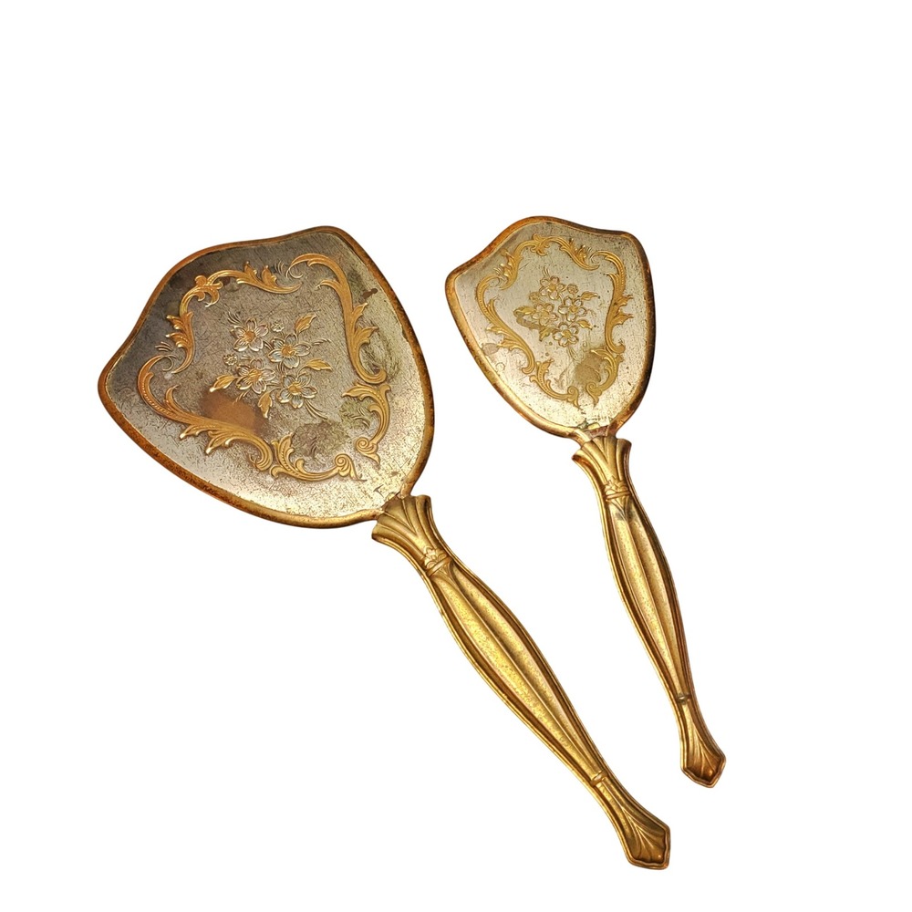 VTG 1950s Gold Tone Vanity Set Hand Mirror & Hair Brush Hollywood Regency Floral